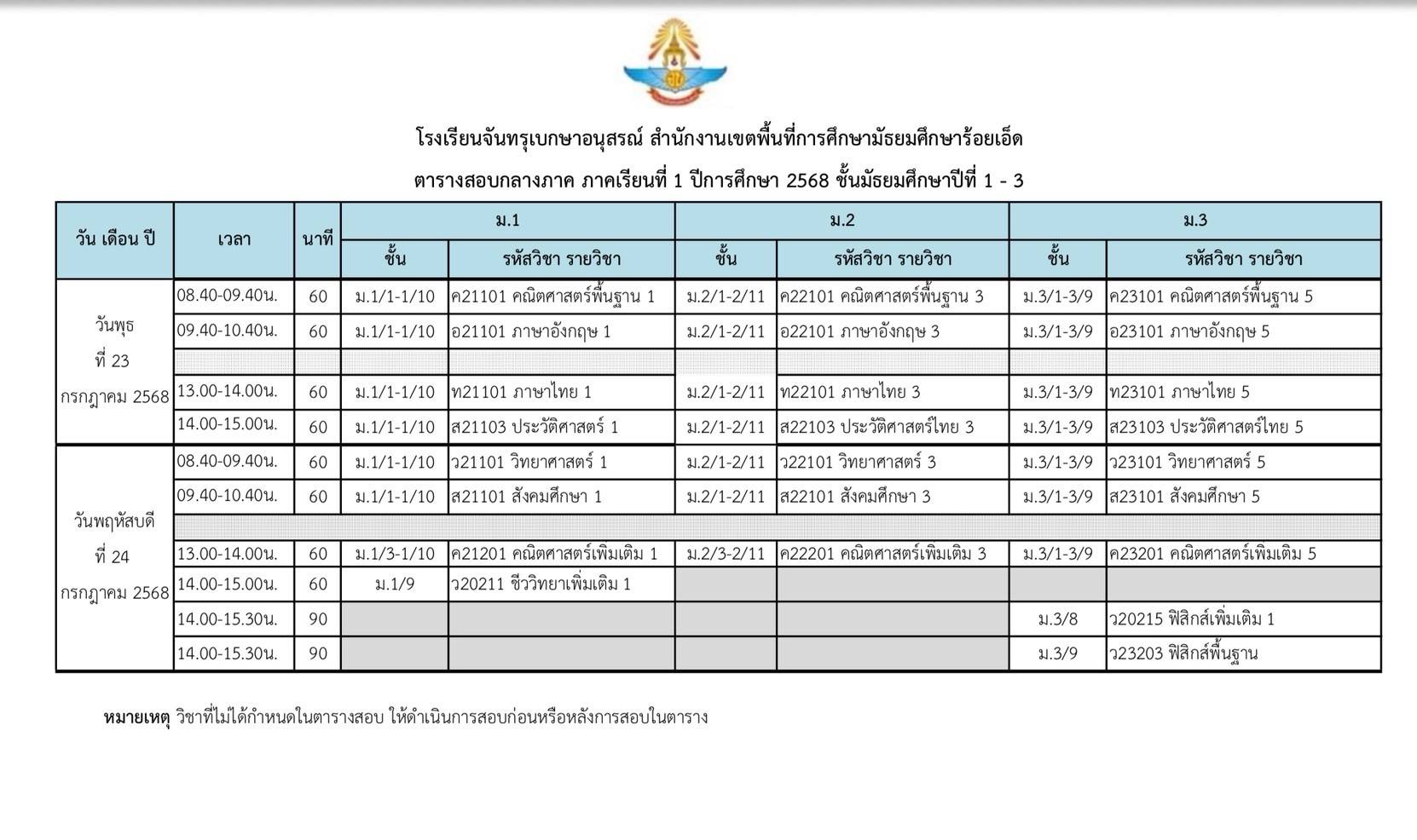 ตารางสอบม.1-3